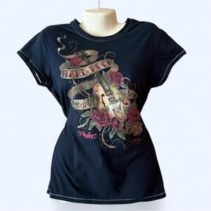 HARD ROCK CAFE Phuket Black Tee with Rose and Guitar Design